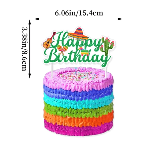 Mexican Carnival Birthday Cake Topper Glitter Paper Happy Birthday Sign Guitar Cactus Sombrero Fiesta Party Decoration