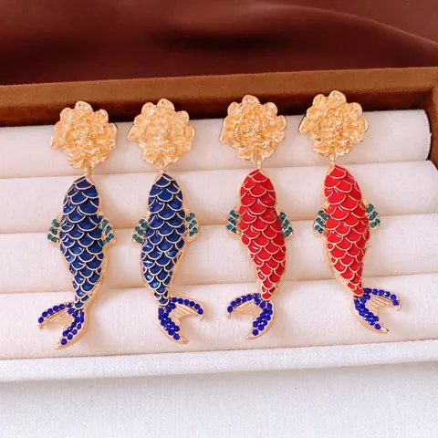 Koi Vis Hangende Oorbellen Met 925 Sterling Zilveren Oorknopje Legering Emaille Strass Chinese Stijl Retro Voor Dames