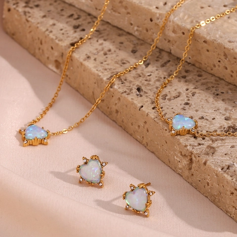 Vintage Stainless Steel Heart Artificial Opal Rhinestone Pendant Necklace Earrings Bracelet Fashion Jewelry For Women