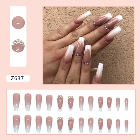 Long Coffin Press On Nails Ombre French Gradient White Nude With Rhinestones Ballerina Shape Artificial False Nails