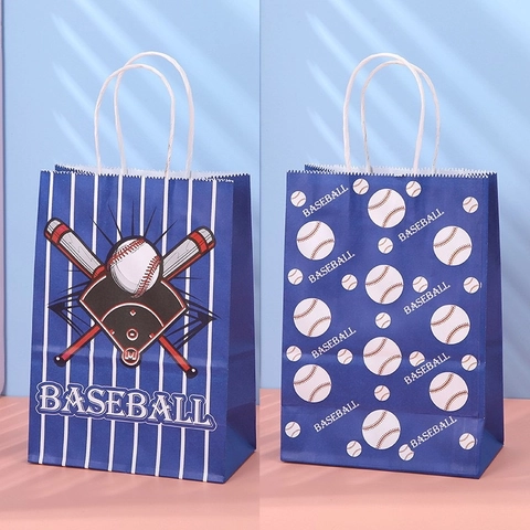 Sports Theme Party Gift Bags Kraft Paper Portable Handles Baseball Football Volleyball Prints For Holiday Packaging