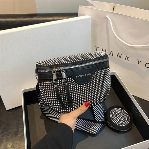 Borsa Da Petto Alla Moda Con Strass Da Donna Marsupio In Pelle PU Con Tracolla Ampia A Motivi E Mini Portamonete Rotondo