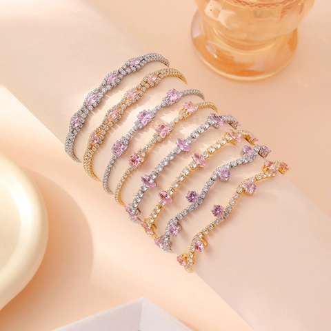 Bracelet Tennis Zircon Rose Bijoux En Cuivre Marquise Carré Rond Pierre Luxe Réglable Mode Élégant Accessoire Femmes