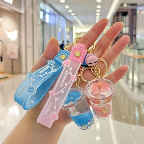 Unicorn Liquid Quick Sand Keychain Cute Cartoon Drink Cup Star Shell Shape Acrylic Pendant With Silicone Strap Bell Bag Charm