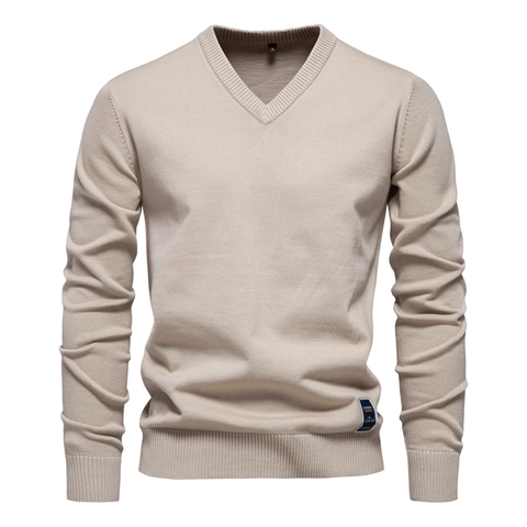 Herren V-Ausschnitt Strickpullover Langarm Baumwollmischung Slim Fit Einfarbig Lässig Dehnbar Pullover Leicht