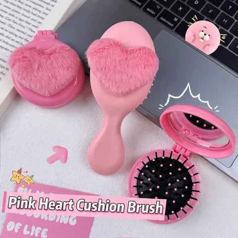 Spazzola Per Capelli Pneumatica In Peluche Rosa A Forma Di Cuore E Pettine Con Specchio Pieghevole Strumento Styling Per Ragazze