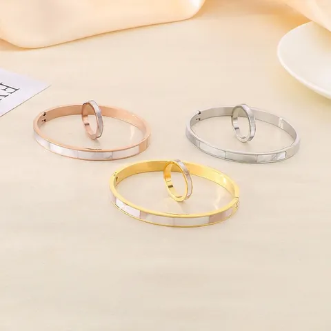Edelstahl Armreif Und Ring Perlmutt Inlay Minimalistisch Luxus Geometrisches Design Für Damen