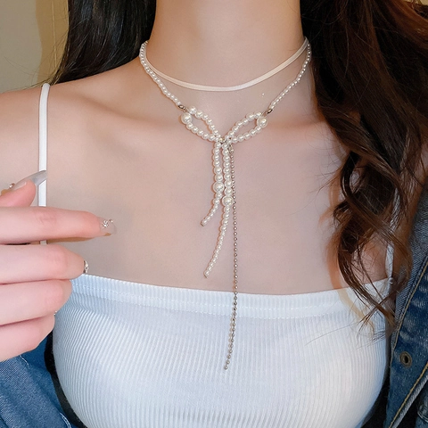 Collar Elegante De Perlas Artificiales Artificiales Con Lazo Y Borla De Doble Capa Para Mujer Gargantilla De Cinta Estilo Nicho
