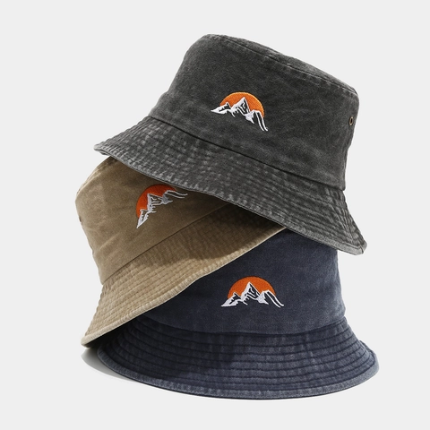 Bucket Hat Aus Gewaschener Baumwolle Vintage Berg Sonnenaufgang Stickerei Atmungsaktiv Outdoor Sonnenhut Für Damen Herren
