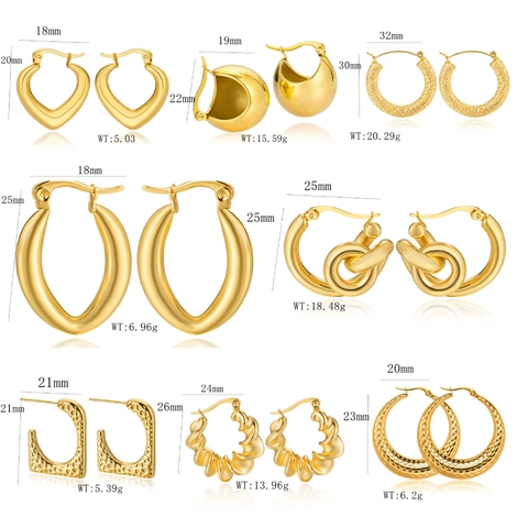 Gold Plated Stainless Steel Hoop Earrings For Women Hollow Geometric C-Shape Chunky Hammered Textured Trendy Jewelry