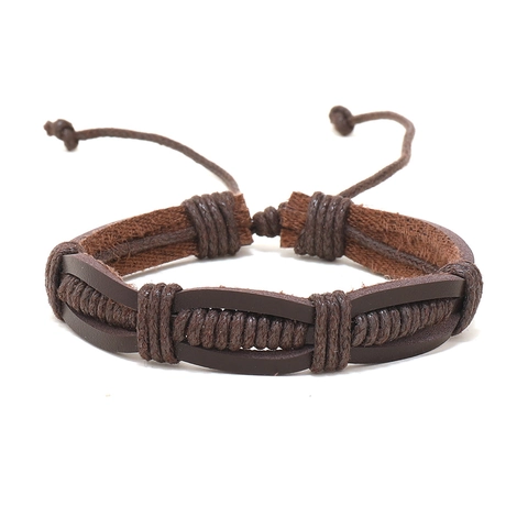 Men Vintage Leather Braided Bracelet Multi Layer Hand Woven Wristband With Alloy Feather Pendant Adjustable Fashion Jewelry