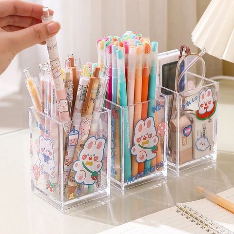 Clear Acrylic Pen Holder Square Desktop Organizer For Stationery And Makeup Brushes Ins Minimalist Cute Cartoon Style