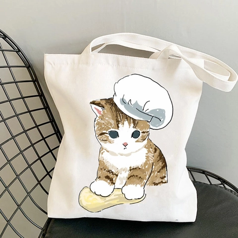 Kawaii Cat Printed Canvas Tote Bag For Women Harajuku Style Japanese Cute Cartoon Shoulder Handbag Shopping Eco Friendly