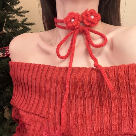 Collana Choker Con Fiori Lavorati A Maglia A Mano Con Perla Artificial Vintage Rosa All'uncinetto 3D Regolabile Da Donna Elegante