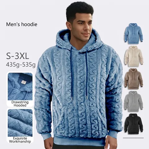 Heren Winter Hoodie Teddy Fleece Dik Warm Kabelpatroon Losse Pullover Kangoeroezak Capuchon Casual