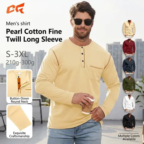 Herren Henley Shirt Langarm Kontrastnähte Knöpfe Lässig Slim Fit Polyester Elasthan Mischung T-Shirt Mit Tasche