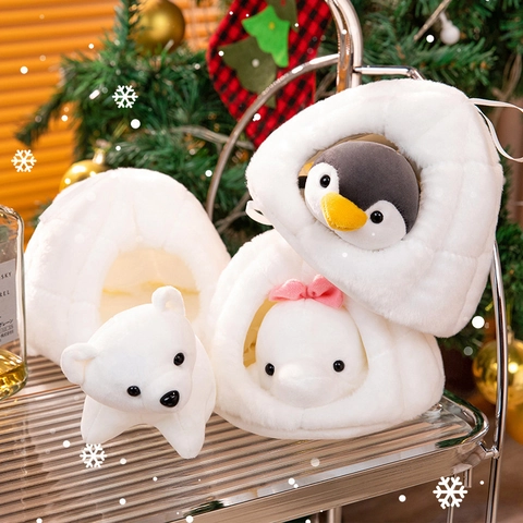 Plush Animal Doll In Snow Den Igloo Penguin Polar Bear Whale Soft Toy Christmas Hanging Ornament Kawaii Winter Gift