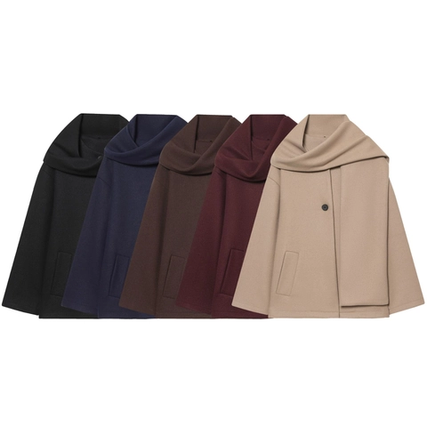 Women Short Woolen Texture Jacket Scarf Collar Single Breasted Solid Color Elegant Winter Outerwear Coat