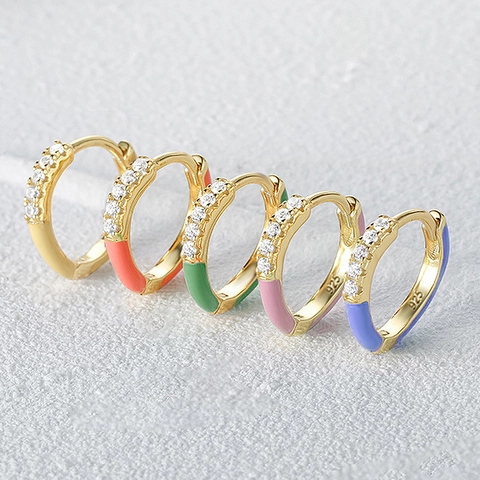 Orecchino A Cerchio In Smalto Colorato Con Perno In Argento Sterling 925 Zirconia Stile Dopamina