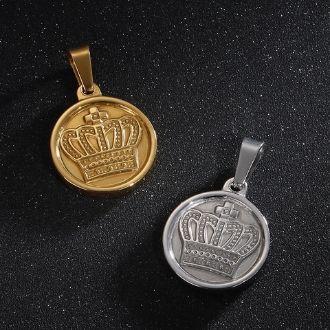 Collier Pendentif Médaillon Rond Couronne Acier Inoxydable Style Hip Hop Bijoux Rétro Pour Hommes Femmes