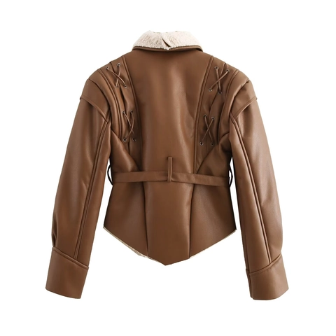Chaqueta De Cuero Sintético Para Mujer Con Cuello De Lana De Cordero Cintura Con Cordones Corto Invierno Moda Irregular Bronce