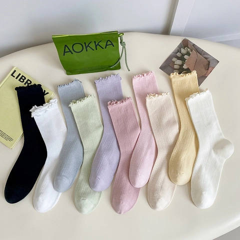 Women Ruffle Cuff Mesh Crew Socks Breathable Cotton Knit Sweet Hollow Out Mid Tube Socks For Summer