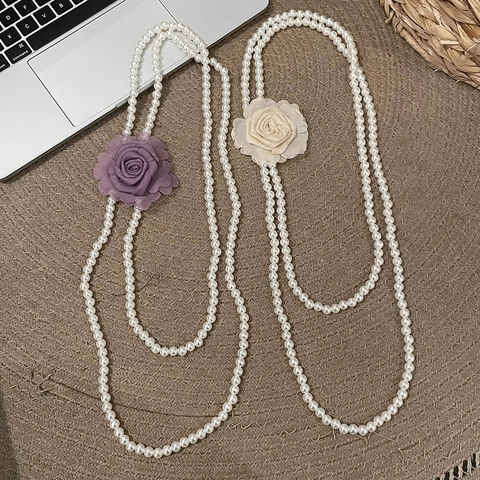 Dubbellaagse Lange Imitatie Kunstparelketting Met Afneembare Chiffon Roos Elegante Retro Trui Ketting Sieraden Voor Dames