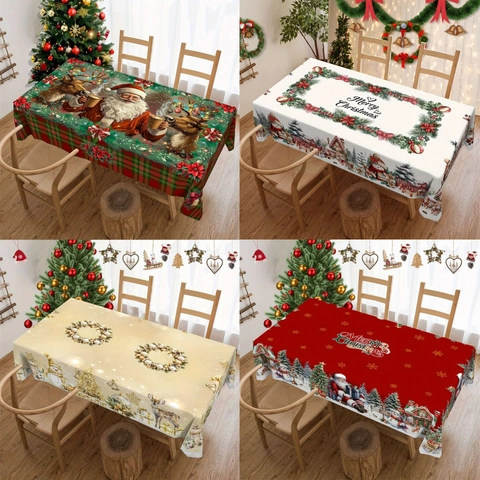 Christmas Tablecloth Digital Print Santa Snowman Reindeer Rectangular Polyester Flannelette Holiday Table Decoration