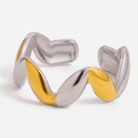 Geometrischer Edelstahl Ring Zweifarbig Welle Offen Verstellbar Wasserdicht Hypoallergen Minimalistischer Modeschmuck Damen