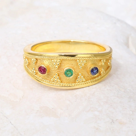 Vintage Bohemian Copper Ring With Multi Color Cubic Zirconia Round Colorful Gemstone Granulation Texture Jewelry For Women