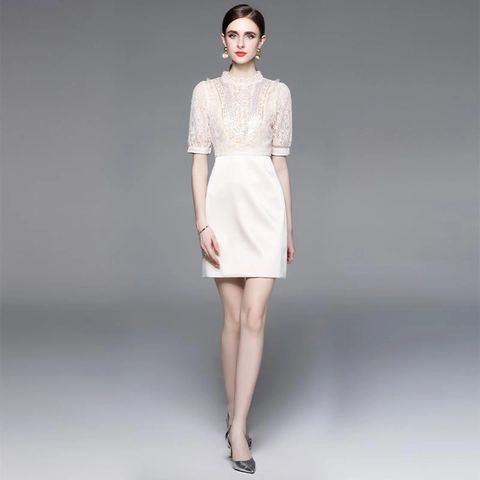 Elegant Lace Satin Patchwork Mini Dress Sequins Beading Stand Collar Lantern Sleeve Slim Fit For Women