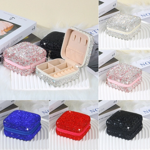 Rhinestone Jewelry Box Square Portable Storage Organizer Zipper Closure Sparkling Trinket Case For Rings Earrings Travel