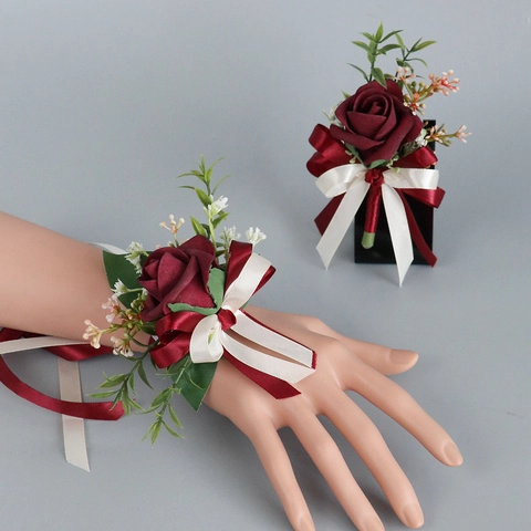 Boutonniere Y Flor De Muñeca De Rosa Artificial PE Color Vino Con Cinta De Raso Para Boda Baile De Graduación Y Eventos