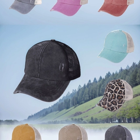 Berretto da Baseball a Coda di Cavallo Effetto Usurato Donna in Cotone Lavato Cappello Trucker con Rete Traspirante Vintage