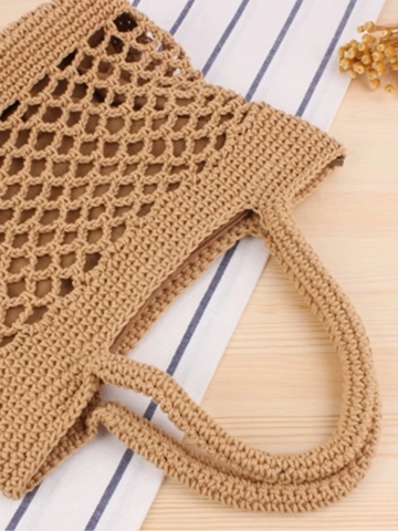 Bolso De Mano De Cuerda De Algodón Tejido A Mano Color Sólido Malla Calada Playa Vacaciones Verano Viaje Boho Para Mujer