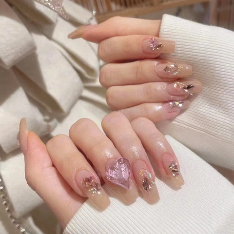 Lange Ballerina Press On Nägel Rosa Farbverlauf Strass Herz Stern Glitzer Sarg Elegante Künstliche Fingernägel