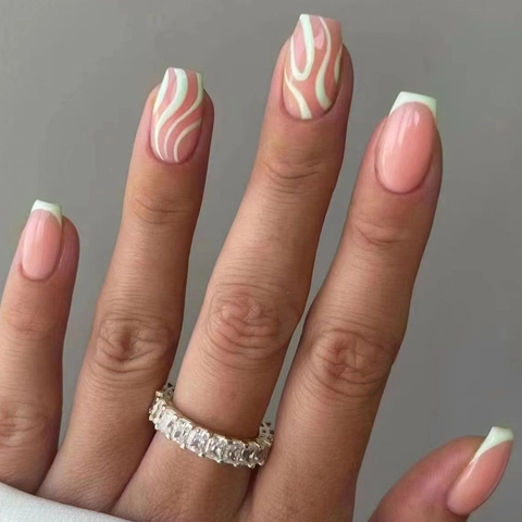Press On Nails French Tip Pink White Wave Pattern Ballerina Shape Glossy Long False Nails For Women