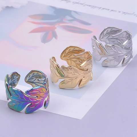 Edelstahl Blatt Offener Ring Verstellbar Minimalistisch Geometrisch Blattwerk Finger Schmuck Für Herren Damen Mode Accessoire