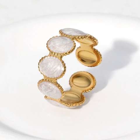 Anello Regolabile Aperto In Acciaio Inossidabile Con Smalto A Goccia D'olio Ovale Bordo Perlato Per Donna