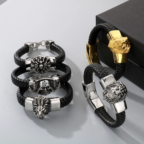 Men Woven Leather Bracelet Stainless Steel Lion Head Snake Skull Spider Animal Charms Punk Gothic Vintage Jewelry