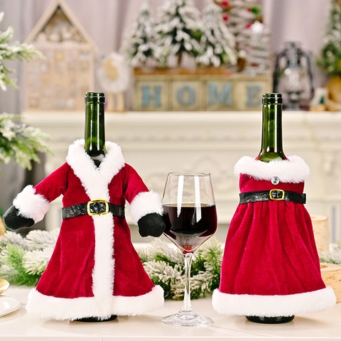 Housses De Bouteille De Vin De Noël Tenue De Père Noël Et Robe Velours Fausse Fourrure Décor De Table De Fête Cadeau