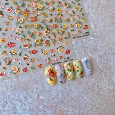 Pegatinas Para Uñas Con Relieve 5D Autoadhesivas Decoración Manicura Flores Jardín Vintage Estilo Retro
