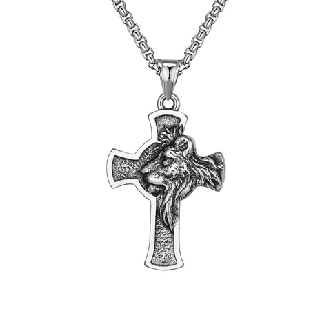 Collana Con Pendente A Croce Testa Di Leone In Acciaio Inossidabile Gioielli Gothic Punk Hip Hop