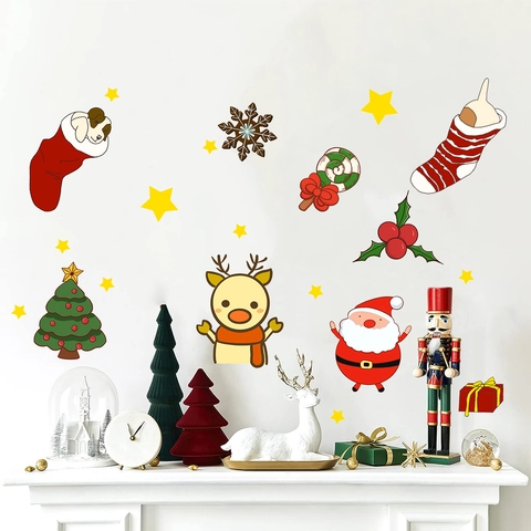 Adesivi Murali Di Natale Cartone Animato Babbo Natale Renna PVC Removibili Decalcomanie Per Soggiorno Camera Letto Finestra Decorazione Vetro Colorato