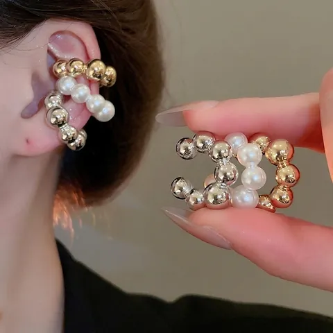 Eleganti Ear Cuff Con Künstliche Perle Stile Francese Senza Buco Lega A Forma Di C Con Perno In Argento Per Donne Minimalista