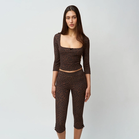 Sexy Leopard Print Square Neck Crop Top And Skinny Leggings For Women Streetwear Casual Brown Polyester