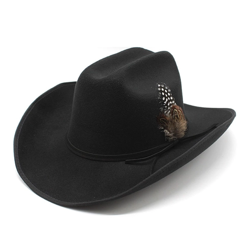 Western Cowboy Hat Wool Felt Wide Brim With Feather Decoration Ethnic Style Outdoor Sun Hat For Men Women