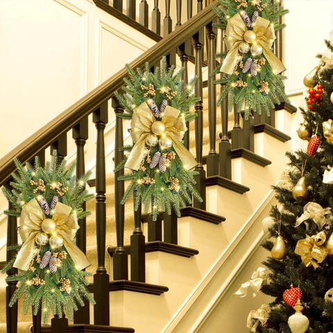 Christmas Teardrop Swag Artificial Pine Garland With Warm LED Lights Bow Pine Cones Berries For Staircase Door Wall Decor