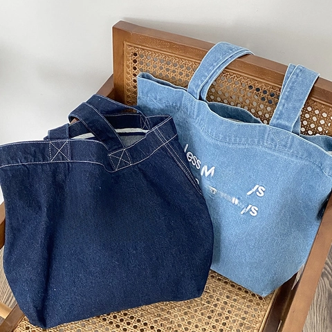 Bolso Tote De Mezclilla De Gran Capacidad Bordado De Letras Bolso De Hombro Informal Retro De Tela Vaquera