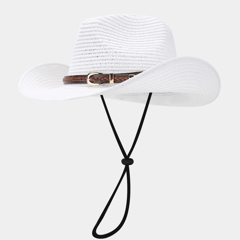Cappello Da Cowboy In Paglia Western Con Fascia In Pelle Intrecciata Fibbia In Metallo E Corda Antivento Regolabile